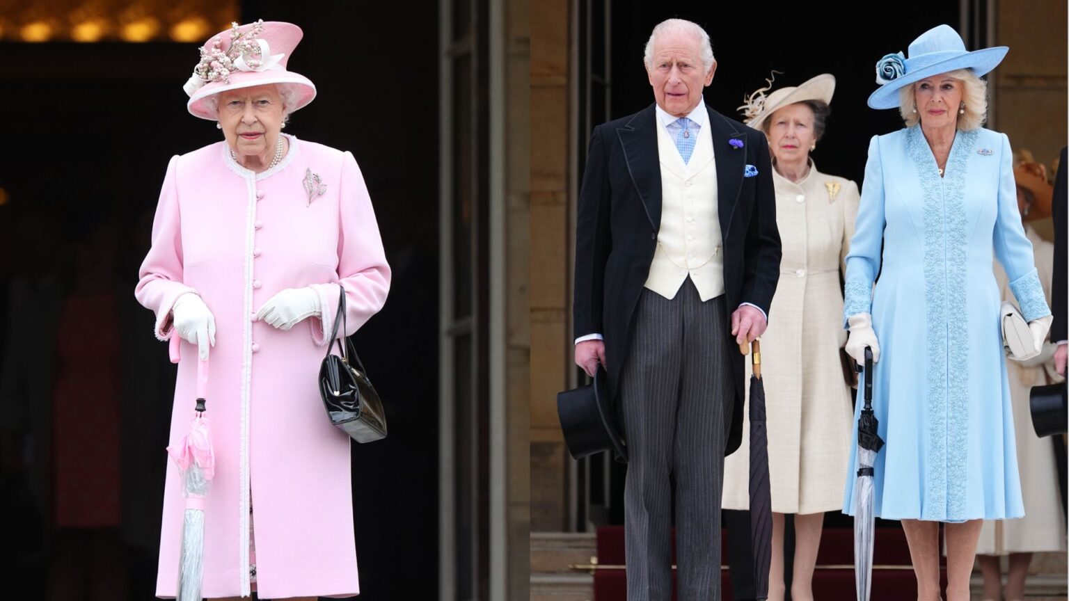 Queen Elizabeth in a pink coat; Queen Camilla, King Charles and Princess Anne at a garden party