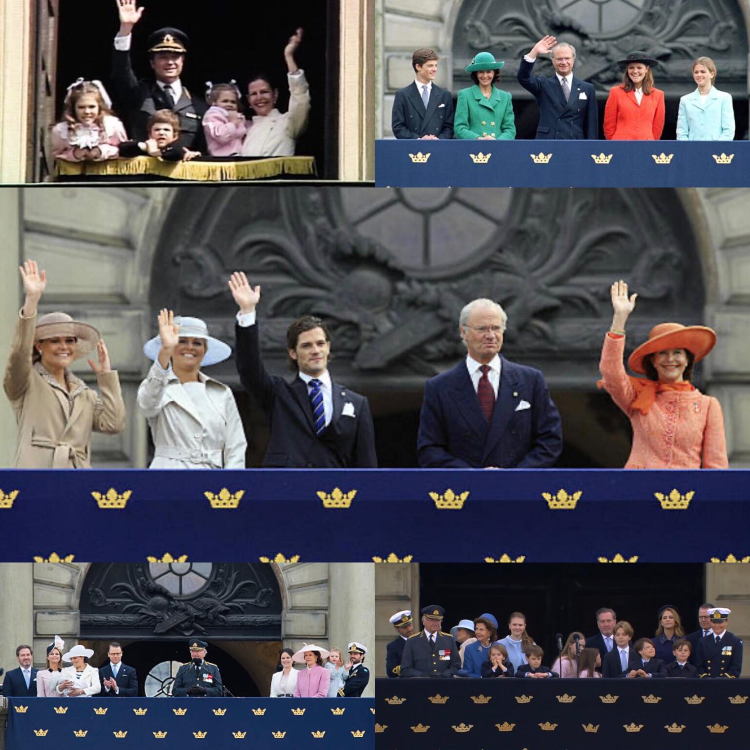 The Swedish Royal Family on the Balcony During the 40th, 50th, 60th, 70th, and 80th Birthday Celebrations of King Carl XVI Gustaf (1986, 1996, 2006, 2016, and 2026)