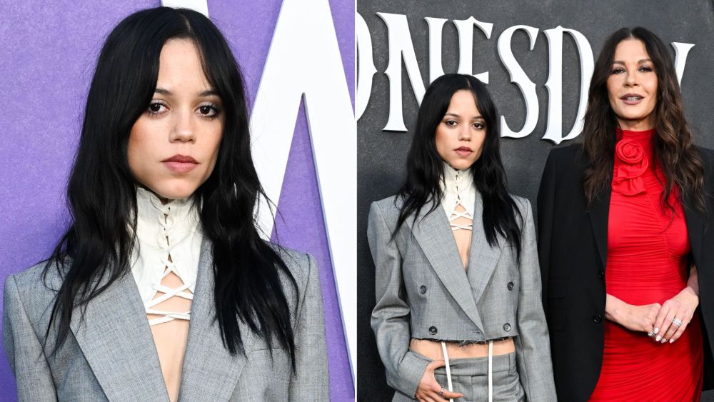 Jenna Ortega in McQueen pre-fall 2026 at Netflix's FYSEE event for "Wednesday" on Friday night at Hollywood Forever Cemetary; Ortega next to her costar, Catherine Zeta-Jones.