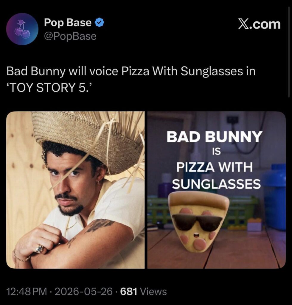 Bad Bunny will voice Pizza With Sunglasses in ‘Toy Story 5.’