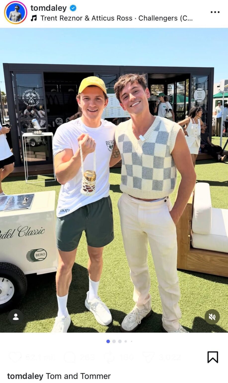Knitter and Olympic medalist Tom Daley gifts Tom Holland a knitted can holder