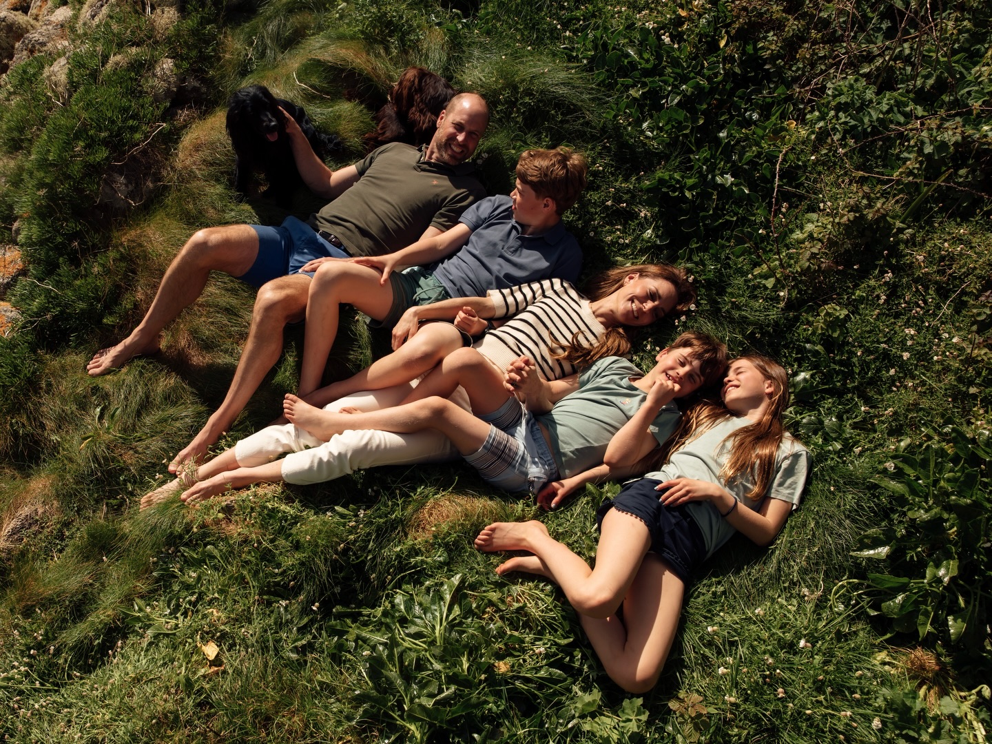 The Wales family laying in grass with their dogs