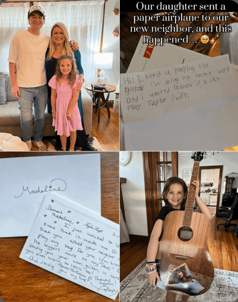 Taylor Swift sent a letter and signed guitars to an 8-year-old girl and her neighbor after a TikTok went viral of the girl throwing a paper plane into the neighbor’s yard, requesting he play a Taylor Swift song.