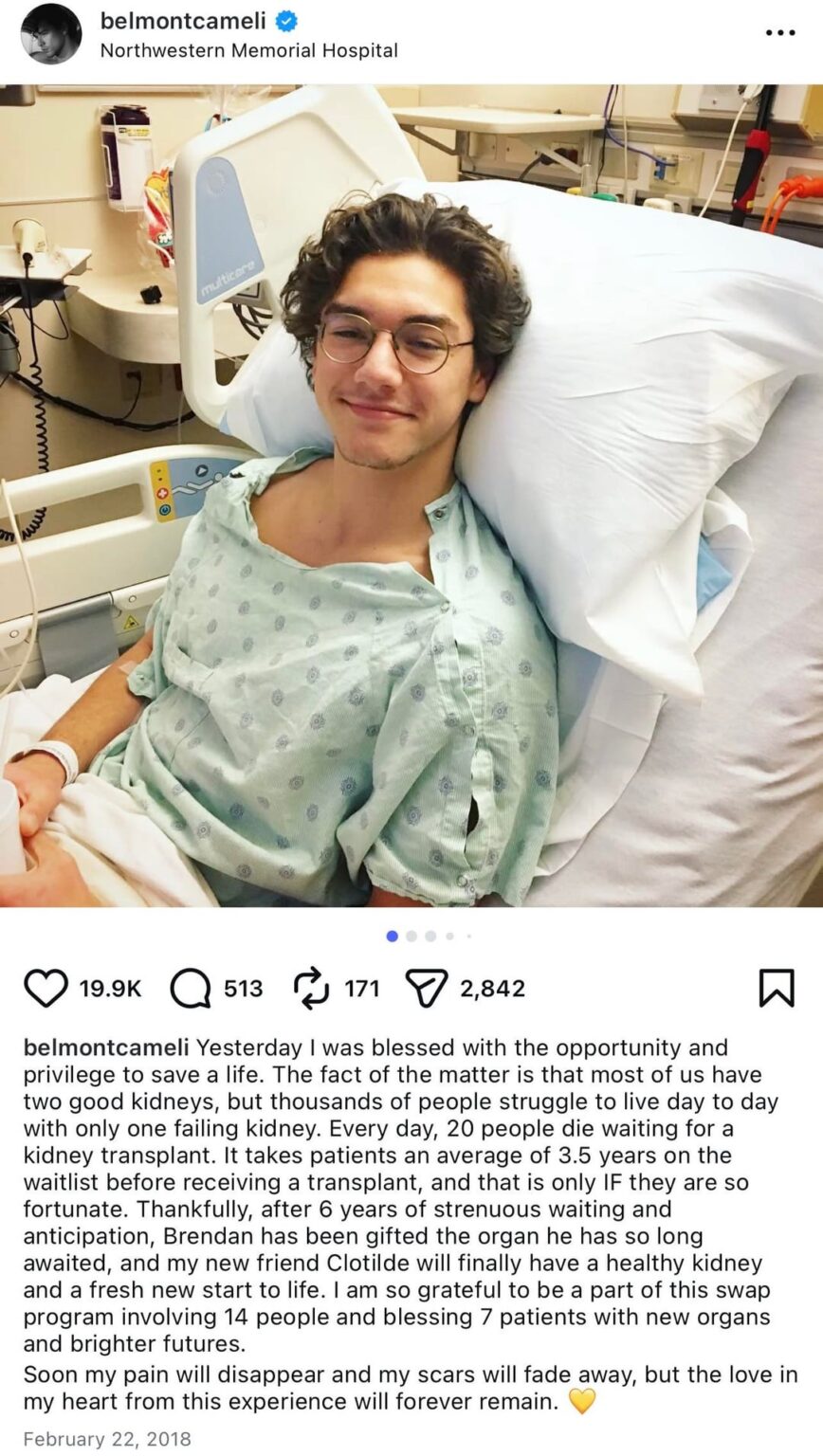 At 19, ‘Off Campus’ actor Belmont Cameli donated his kidney to a stranger as part of a 14-person transplant chain that saved seven lives