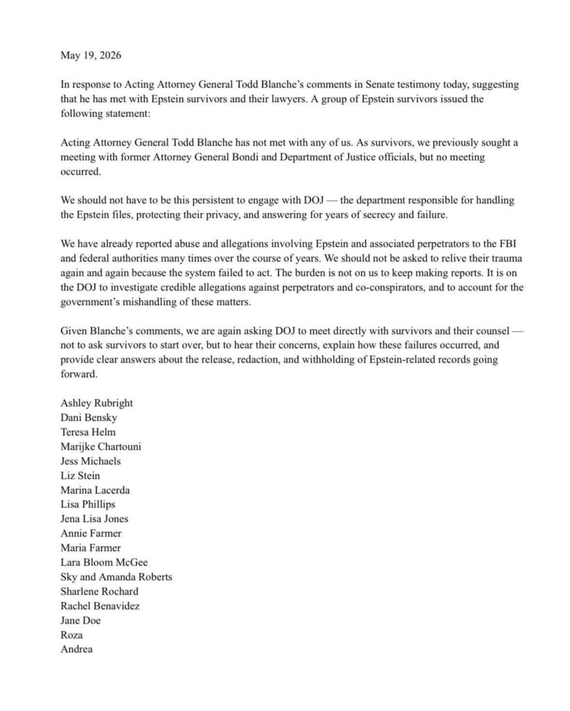 Epstein survivors blast Todd Blanche for suggesting he met with them or their lawyers: “Acting Attorney General Todd Blanche has not met with any of us.”