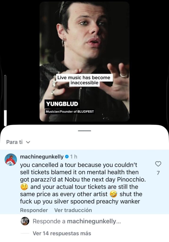 Machine Gun Kelly tells Yungblud to “shut the f*ck up” and claims he cancelled his tour due to low ticket sales and blamed it on mental health and that his tickets are still the same price as everyone else under a video of Yungblud talking about live music becoming “inaccessible”