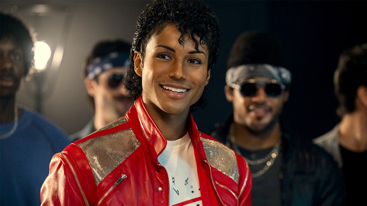 Jaafar Jackson portraying Michael Jackson in a movie scene.