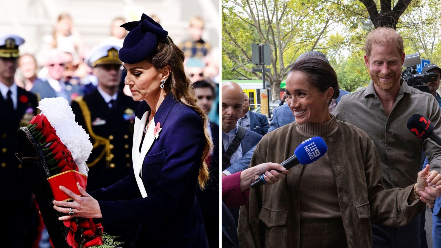 L-Kate Middleton lays a wreath for Anzac Day, R-Prince Harry and Meghan Markle with reporters in Australia
