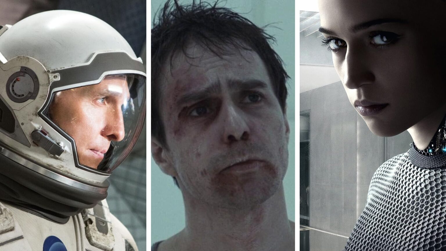 Split image showing three sci-fi thrillers: Interstellar, Moon, and Ex Machina