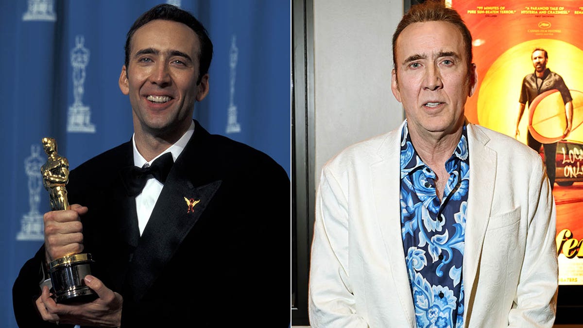 A split of Nicolas Cage holding his Oscar and Nicolas Cage now
