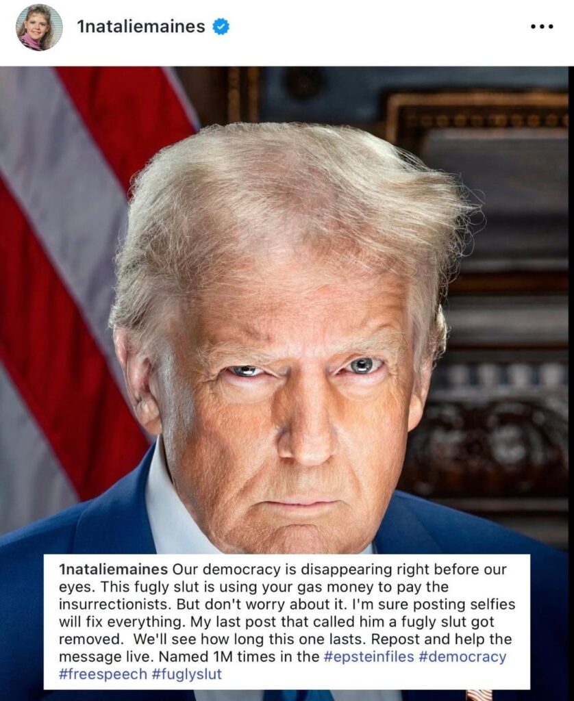 The Chicks’ Natalie Maines calls out “fugly slut” Donald Trump for using U.S. tax dollars to create a billion dollar slush fund for his allies and supporters: “Our democracy is disappearing right before our eyes. This fugly slut is using your gas money to pay the insurrectionists.”