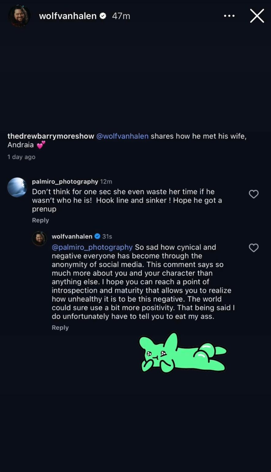 Wolfgang Van Halen calls out people casting Instagram aspersions on his wife Andraia