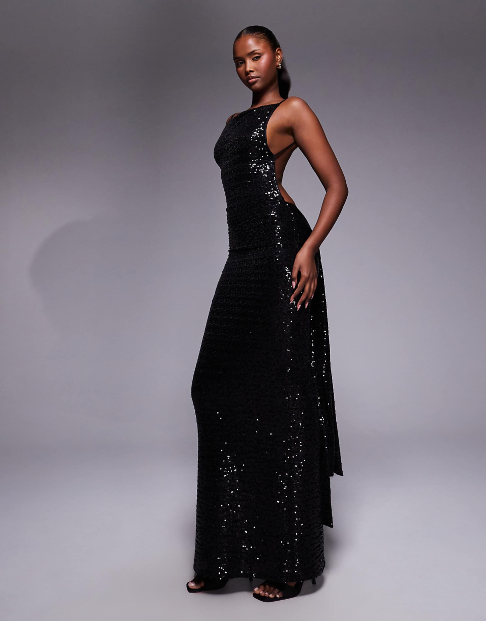 Asos Design Sequin Sleeveless Maxi Dress With Open Back and Sash Detail in Black