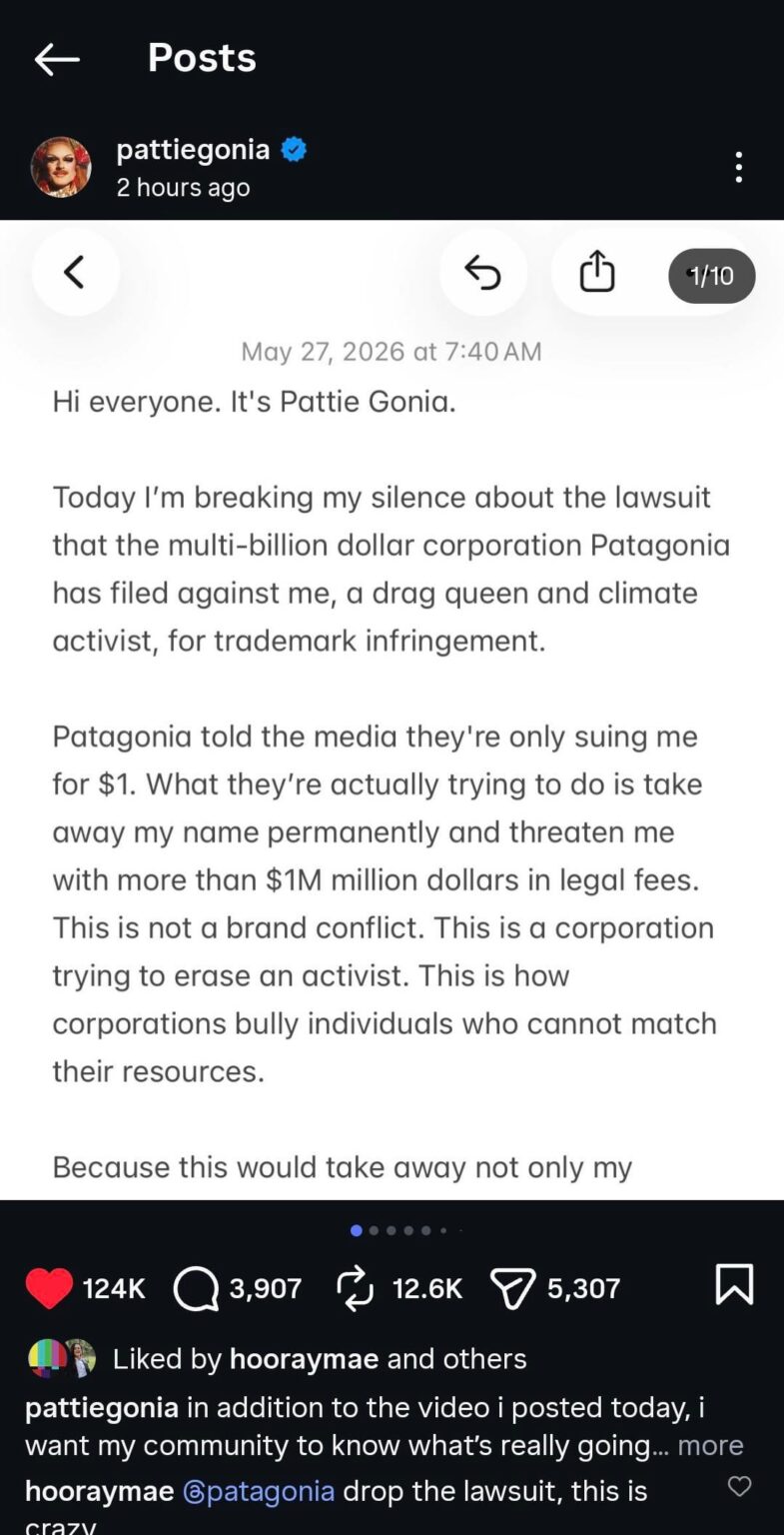 Drag Queen Pattie Gonia speaks out about Patagonia lawsuit on Instagram