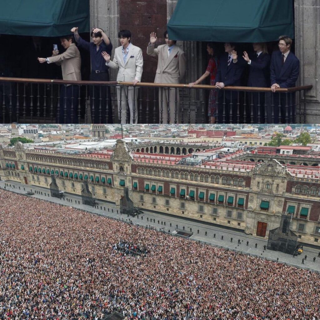 Over 50,000 people visit the ‘Zócalo’ in Mexico City to greet BTS after the president announced their appearance earlier today (May 6, 2026)