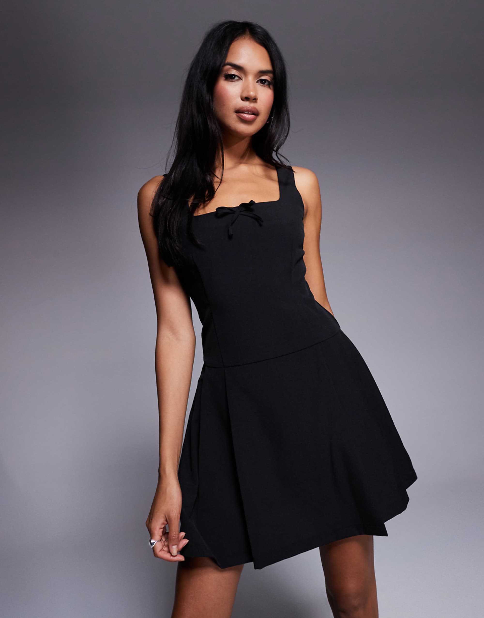 Brave Soul Square Neck Pleated Mini Dress With Bow Detail in Black