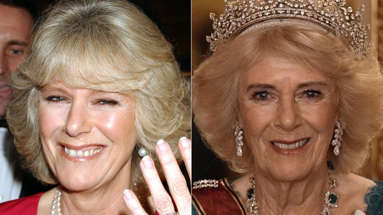 Queen Camilla when she was newly engaged in 2005 and more recently as Queen in 2025.