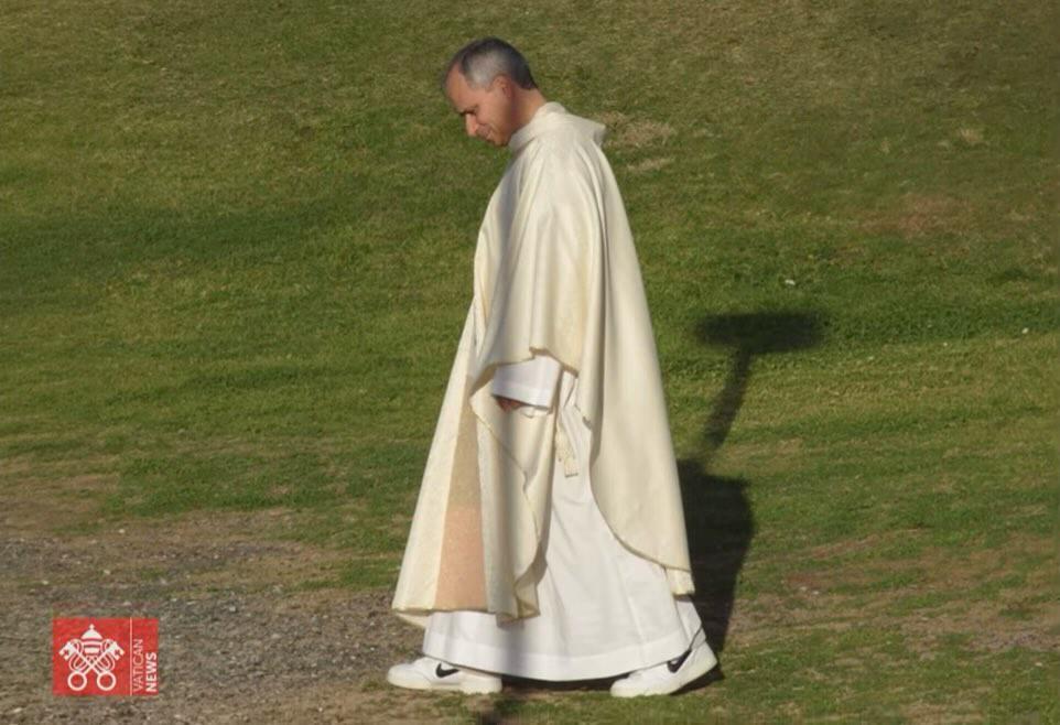 Pope Leo XIV wearing Nikes with his vestments in the trailer for Leone a Roma by Vatican News