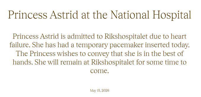 Princess Astrid has been admitted to Rikshospitalet due to heart failure