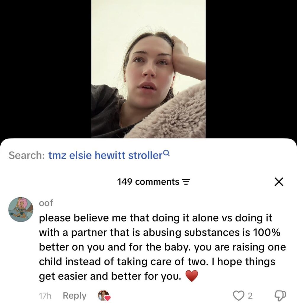 Elsie Hewitt, who had a baby with Pete Davidson 5 months ago, liked a comment under her post: “please believe me that doing it alone vs doing it with a partner that is abusing substances is 100% better on you and for the baby.“