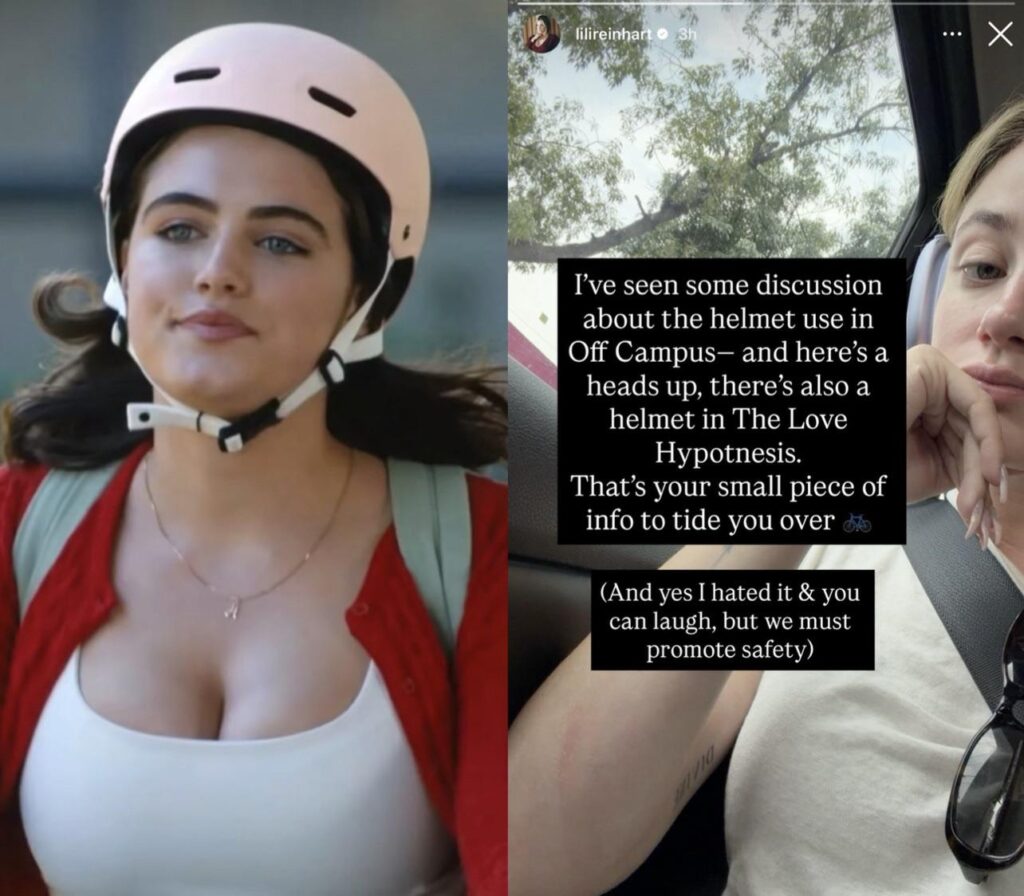 After seeing some discussion about the helmet use in ‘Off Campus’, Lili Reinhart says she wears a helmet in her new film ‘The Love Hypothesis’: “I hated it & you can laugh, but we must promote safety”