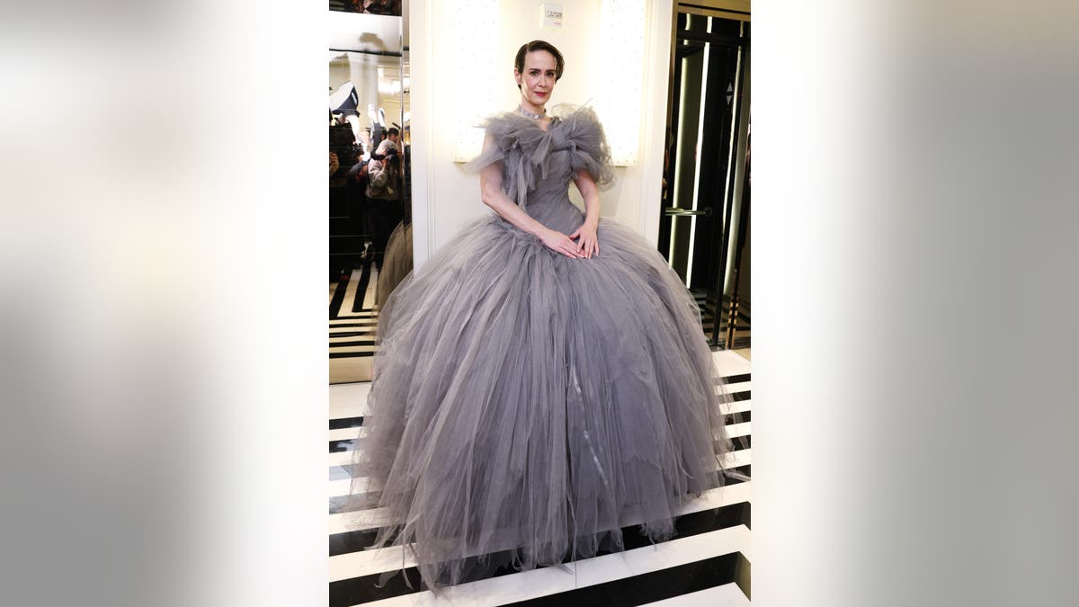 Sarah Paulson standing on a red carpet at The Mark Hotel in New York City