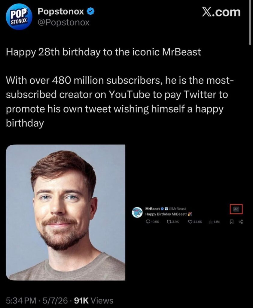MrBeast, who turned 28 today, paid Twitter to show his tweet wishing happy birthday to himself as a promoted post