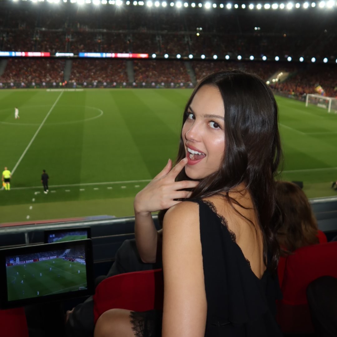 Olivia Rodrigo watches a soccer game in Barcelona.