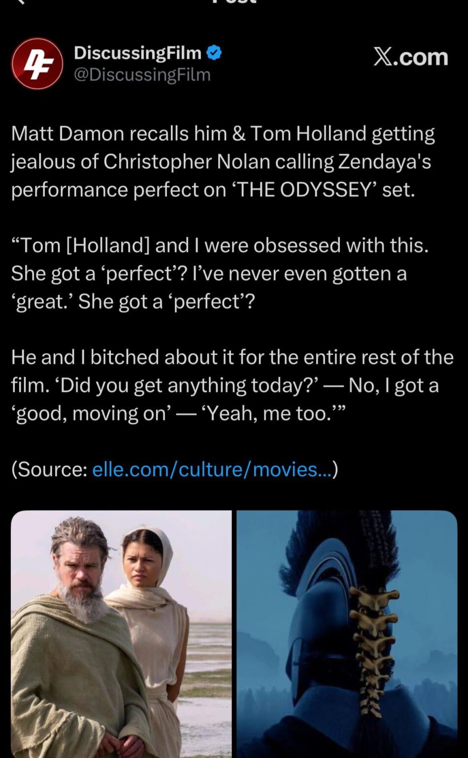Matt Damon recalls him & Tom Holland getting jealous of Christopher Nolan calling Zendaya's performance perfect on ‘THE ODYSSEY’ set.