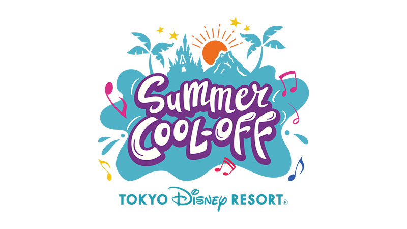 Tokyo Disney Resort Summer Cool-Off logo featuring a castle and volcano along with palm trees and music notes.