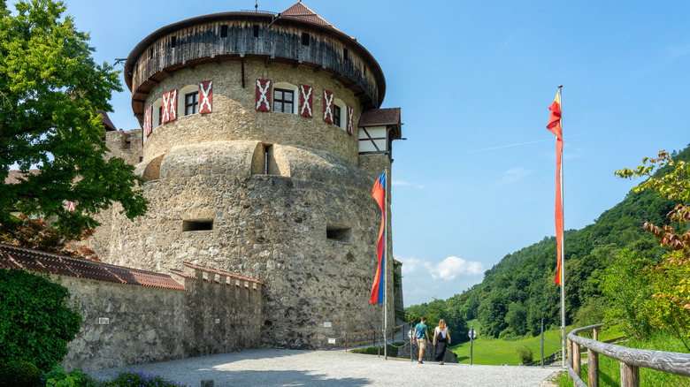 Historic building in Liechtenstein with flags blowing nearby