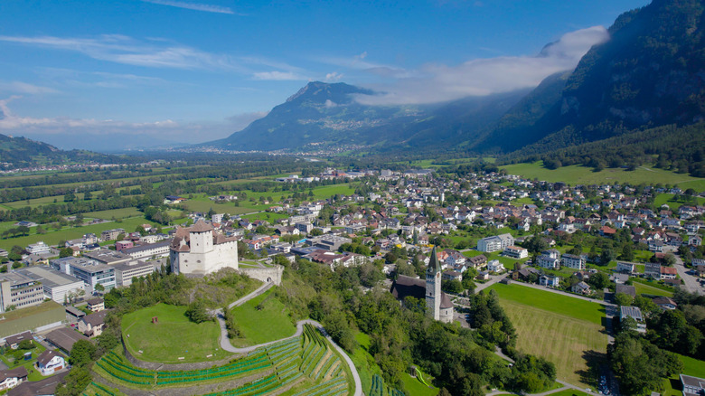 An aerial view of the town of Balzers in Liechtenstein on a sunny day