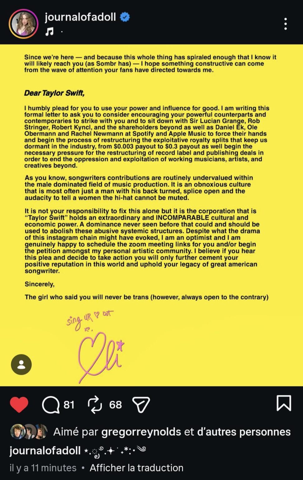 Eli calls on Taylor Swift to advocate for restructuring of major labels and streaming services to give songwriters, particularly females one, equitable pay
