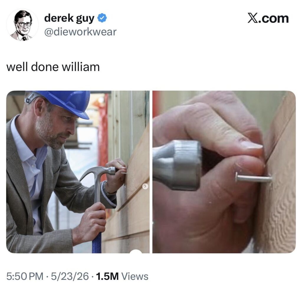 William pretends to hammer a nail