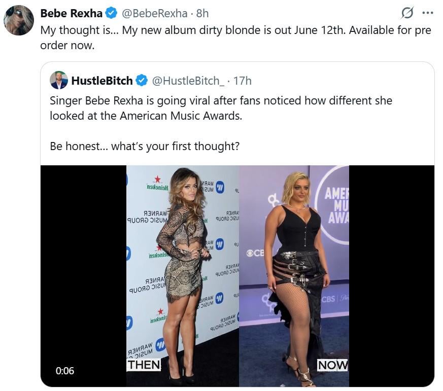 Bebe Rexha's response to someone comparing her looks from years ago to how she looks now: "My thought is… My new album dirty blonde is out June 12th. Available for pre order now."