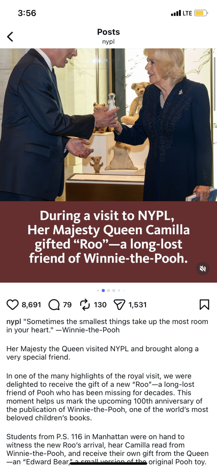 Roo Doll Brought to NYPL by Camilla