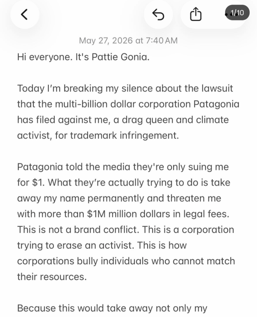 Drag Queen and Climate Change Activist Pattie Gonia has announced she is being sued by Patagonia for trademark infringement.