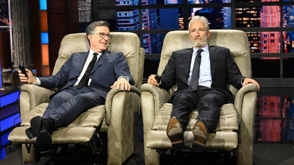 Jon Stewart Showers Stephen Colbert With Gifts in Honor of ‘The Late Show’s’ Final Week: ‘Don’t Confuse Cancellation With Failure’