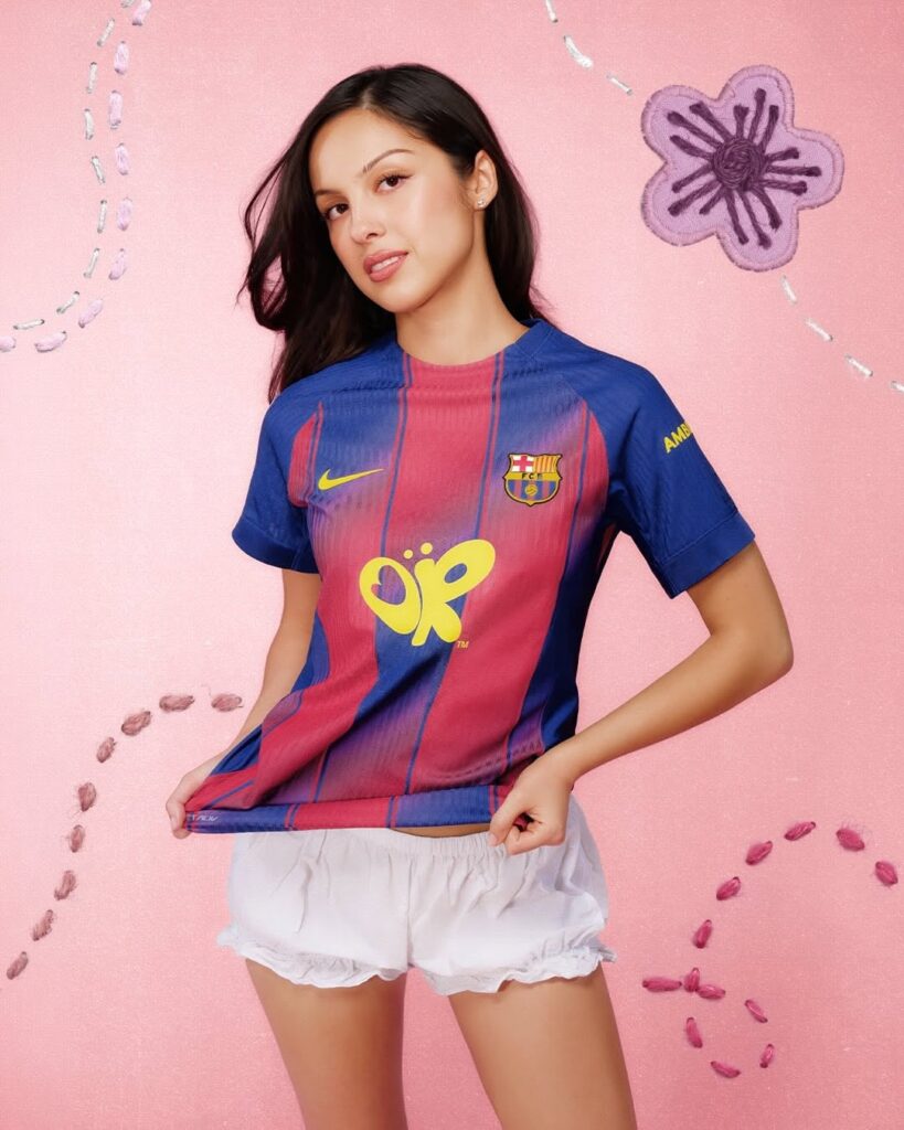 Olivia Rodrigo wearing an FC Barcelona jersey