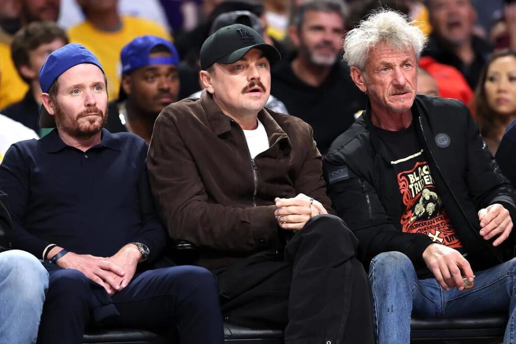 Leonardo DiCaprio, Sean Penn and Kevin Connolly at the Los Angeles Lakers vs Oklahoma City Thunder match (May 12, 2026)