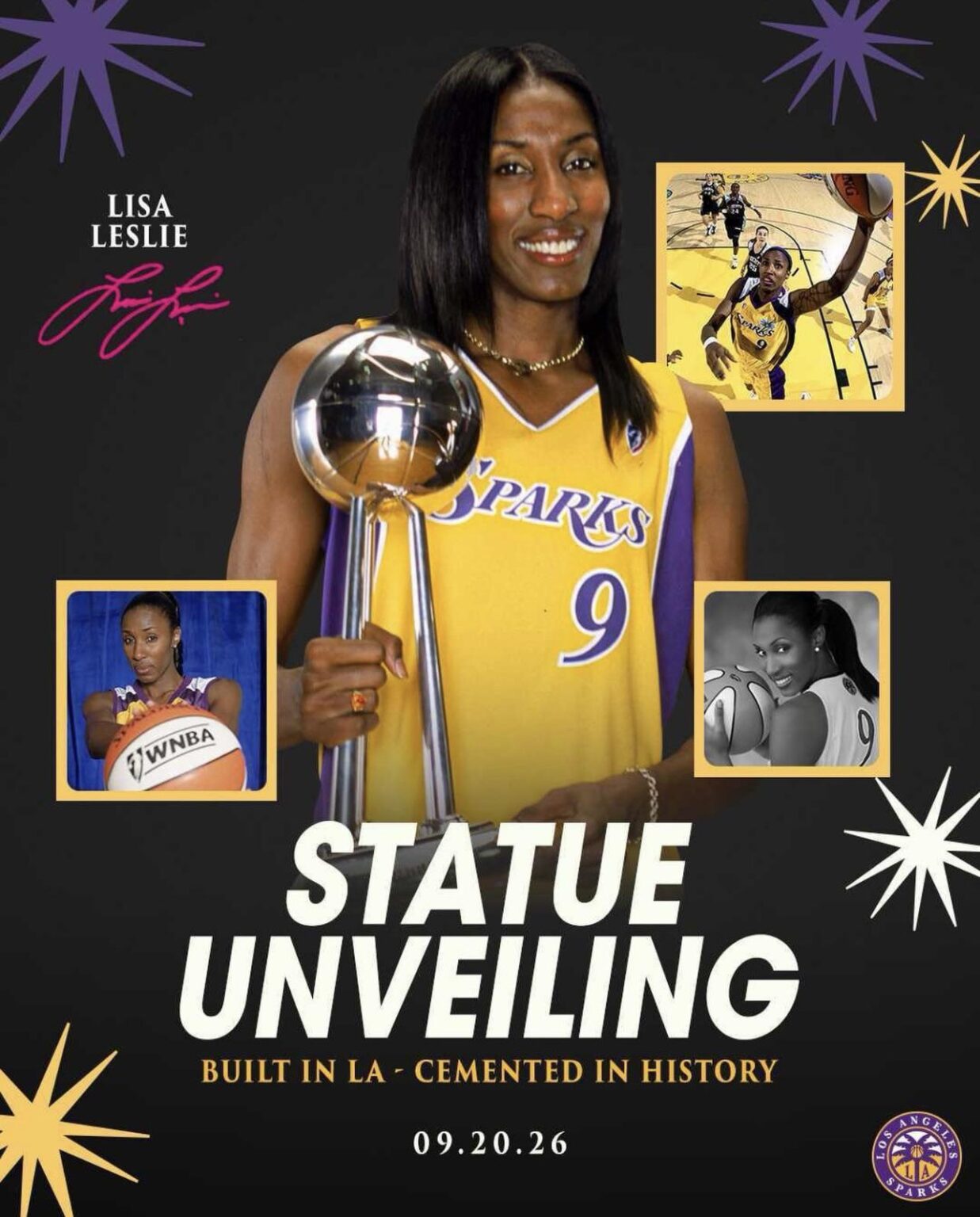 Three-time WNBA MVP and four-time Olympic gold medalist Lisa Leslie becomes the second player in league history to be honored with a statue by her franchise