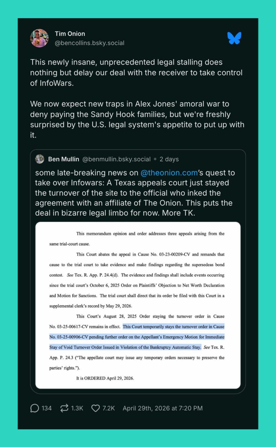 The Onion and Tim Heidecker’s InfoWars takeover delayed by Texas court, Alex Jones’ lawyers file emergency motion to temporarily block satirical new site and comedian’s relaunch