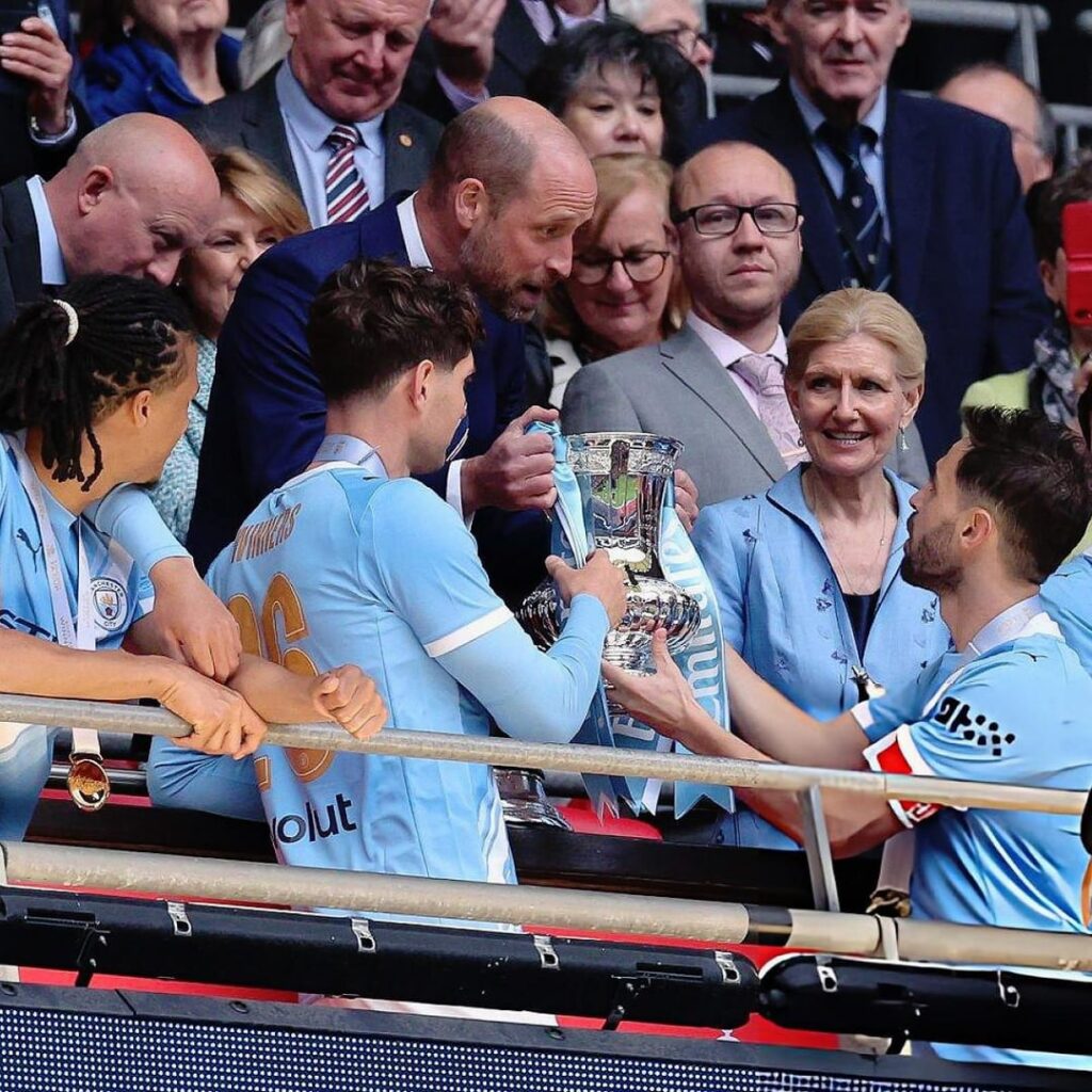 Prince William, patron of the Football Association presents the The FA Cup to the winners Manchester City