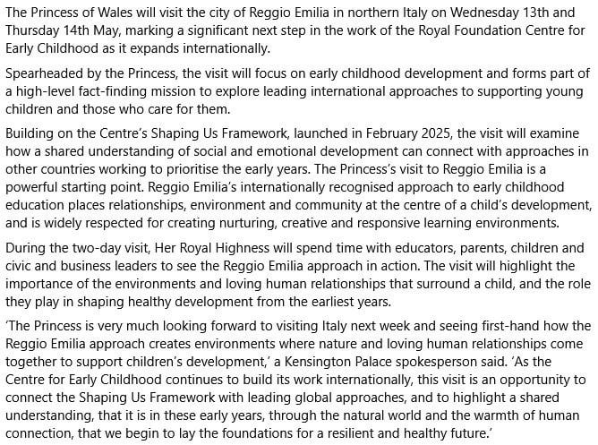 Princess of Wales to visit Italy from 13-14 May
