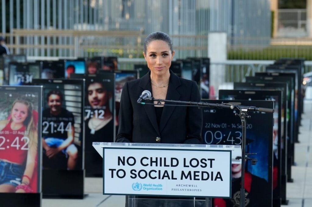Meghan attended and spoke at event in Switzerland highlighting Online harm and children that have been lost to it Meghan attended and spoke at event in Switzerland highlighting Online harm and children that have been lost to it