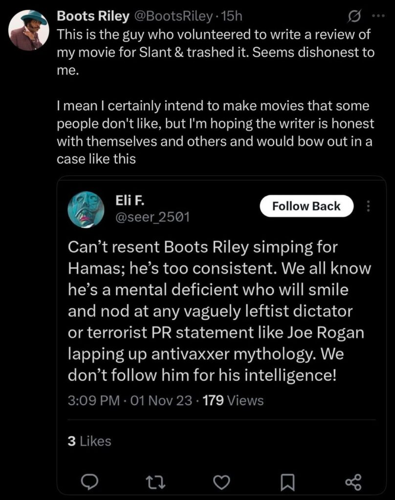 Boots Riley (‘I Love Boosters’ writer/director) calls out a bias reviewer for Slant Magazine who gave his new movie 2 stars. The reviewer previously wrote Boots Riley was a “mental deficient who will smile and nod at any vaguely leftist dictator or terrorist PR statement.”