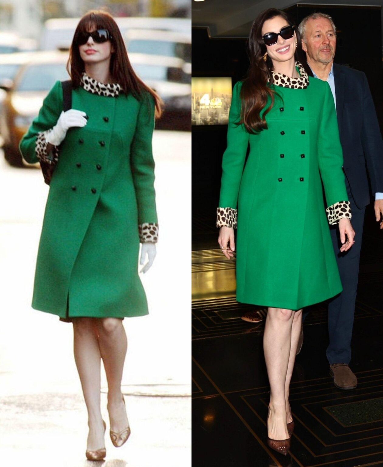 Anne Hathaway wearing her green coat from "The Devil Wears Prada" 20 years later