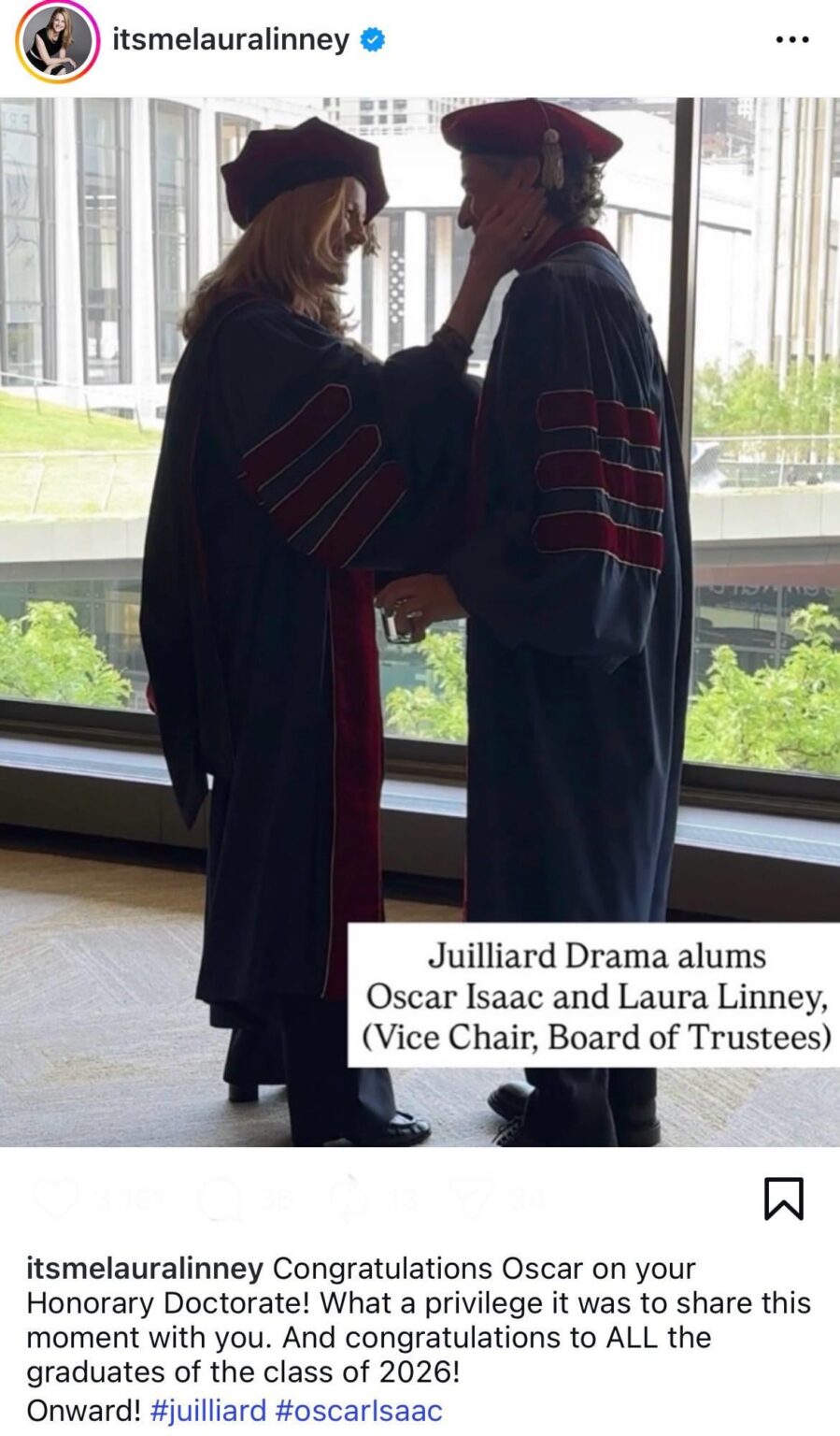Laura Linney congratulates Oscar Isaac for his Honorate Doctorate from Julliard School