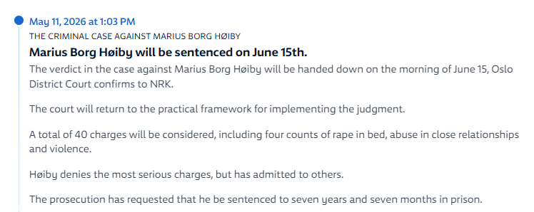Marius Borg Høiby to be sentenced on June 15th