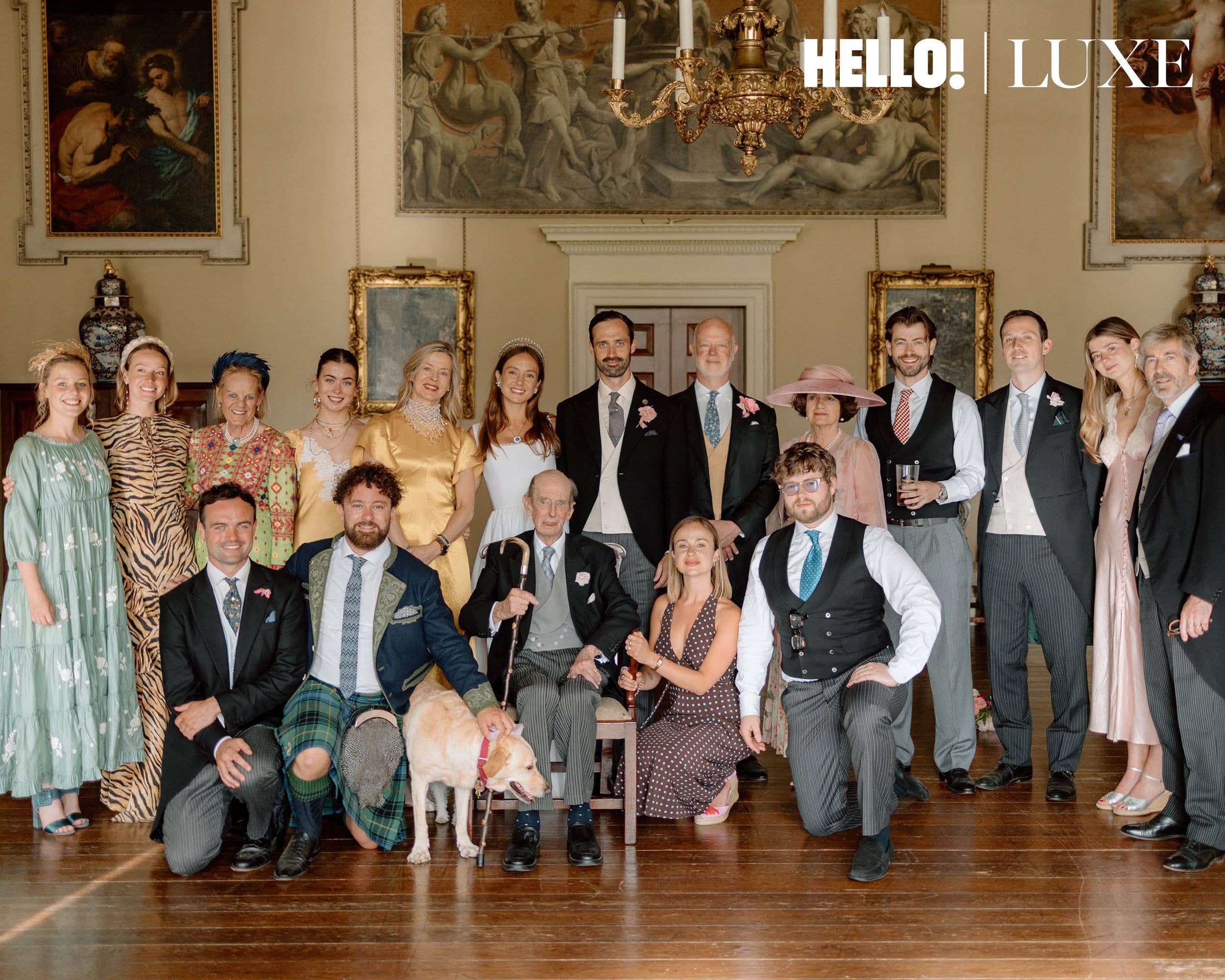 Back row, from left: Maisie Price, Lady Margarita Armstrong-Jones, Nicky Macauley, Estella Taylor, Lady Helen Taylor, Marina, Nico, George Windsor, Sylvana Windsor, Countess of St Andrews, Cassius Taylor, Ollie Lewis, Eloise Taylor and Timothy Taylor. Front row, from left: Alexander Macauley, Edward Windsor, Lord Downpatrick, the Duke of Kent with his dog, Bramble, Lady Amelia Windsor and Columbus Taylor